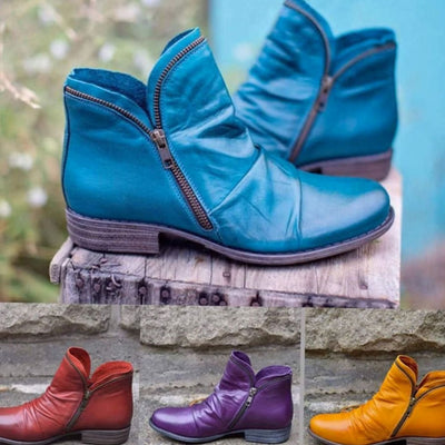 Katharina | Stiefeletten Damen Gefältelte Leder-Optik Reißverschluss Ankle Boots
