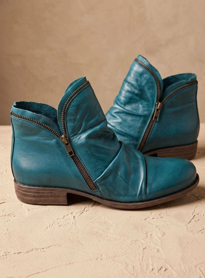 Katharina | Stiefeletten Damen Gefältelte Leder-Optik Reißverschluss Ankle Boots