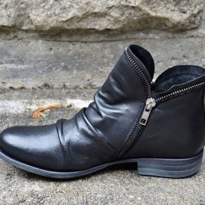 Katharina | Stiefeletten Damen Gefältelte Leder-Optik Reißverschluss Ankle Boots