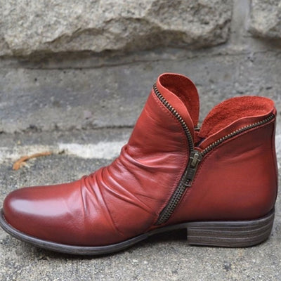 Katharina | Stiefeletten Damen Gefältelte Leder-Optik Reißverschluss Ankle Boots