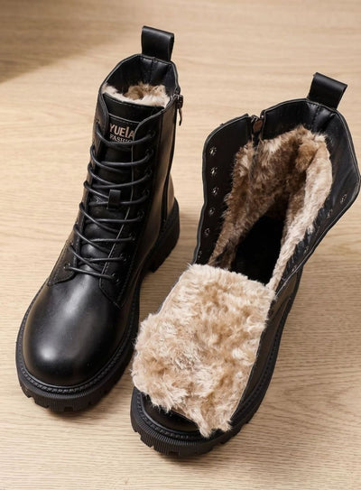 Elfriede | Stiefeletten Damen Gefütterte Schnür-Ankle-Boots PU-Leder Reißverschluss