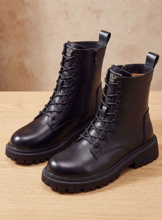 Elfriede | Stiefeletten Damen Gefütterte Schnür-Ankle-Boots PU-Leder Reißverschluss