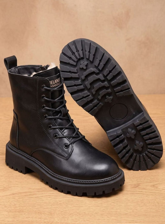 Elfriede | Stiefeletten Damen Gefütterte Schnür-Ankle-Boots PU-Leder Reißverschluss