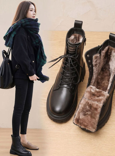 Elfriede | Stiefeletten Damen Gefütterte Schnür-Ankle-Boots PU-Leder Reißverschluss
