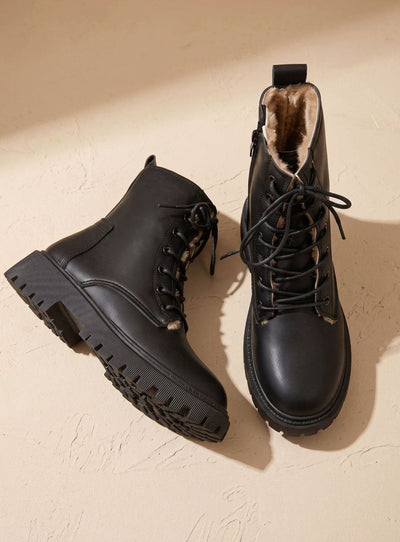 Elfriede | Stiefeletten Damen Gefütterte Schnür-Ankle-Boots PU-Leder Reißverschluss