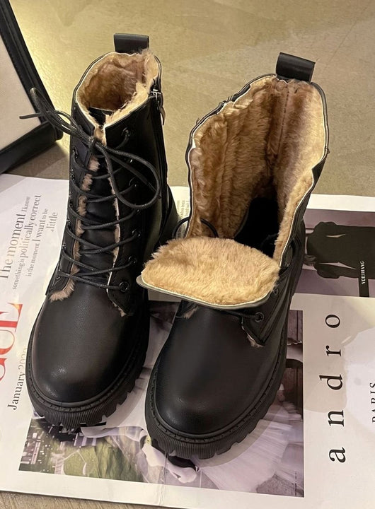 Elfriede | Stiefeletten Damen Gefütterte Schnür-Ankle-Boots PU-Leder Reißverschluss