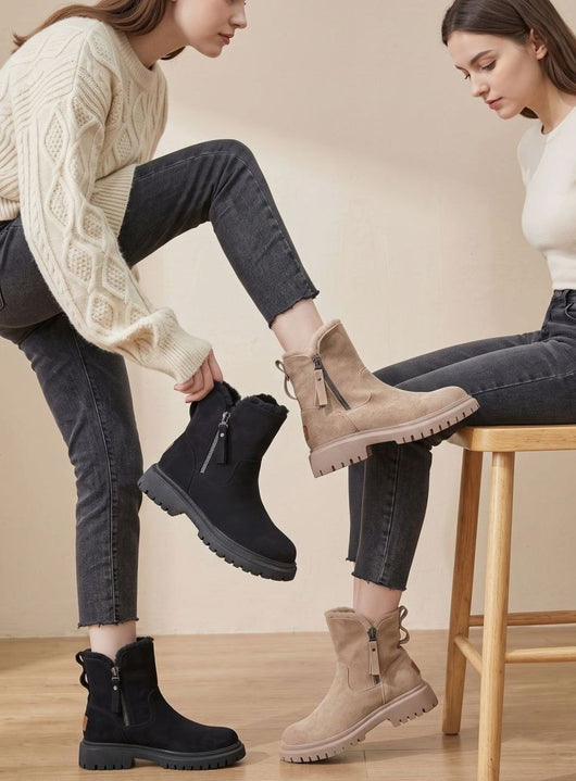 Leonie | Stiefeletten Damen Wildleder Pelzgefütterte Warme Winterstiefel Reißverschluss