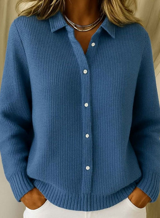 Frieda | Strickjacke Damen Hemdkragen Tailliert Hüftlang Langarm Cardigan