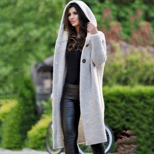 Amelie | Strickjacke Damen Lang Kapuze Grob Gestrickt Cardigan