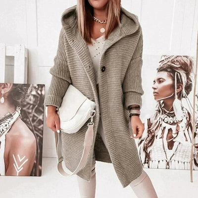 Lena | Strickjacke Damen Lang Warm Kapuze Knopfleiste Oversized