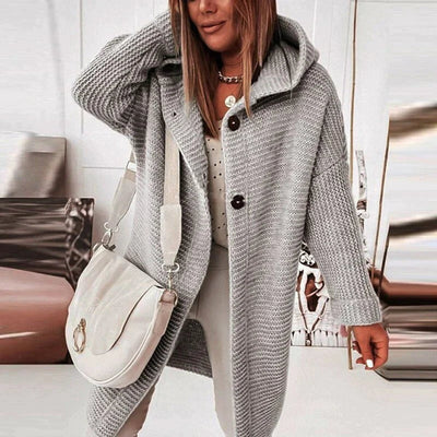 Lena | Strickjacke Damen Lang Warm Kapuze Knopfleiste Oversized