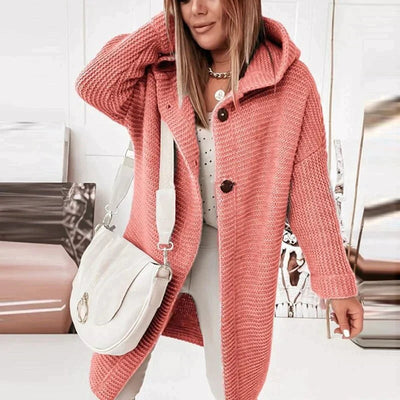 Lena | Strickjacke Damen Lang Warm Kapuze Knopfleiste Oversized