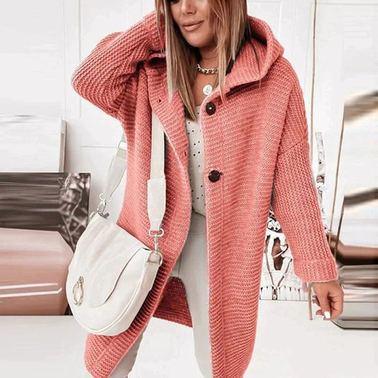 Lena | Strickjacke Damen Lang Warm Kapuze Knopfleiste Oversized