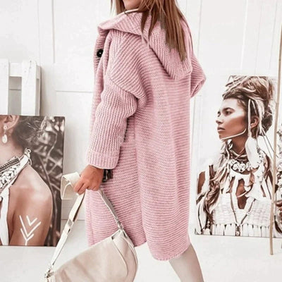 Lena | Strickjacke Damen Lang Warm Kapuze Knopfleiste Oversized