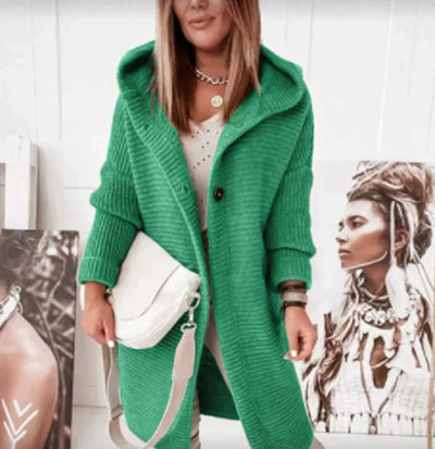 Lena | Strickjacke Damen Lang Warm Kapuze Knopfleiste Oversized