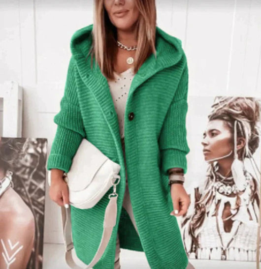 Lena | Strickjacke Damen Lang Warm Kapuze Knopfleiste Oversized