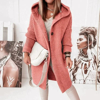 Lena | Strickjacke Damen Lang Warm Kapuze Knopfleiste Oversized