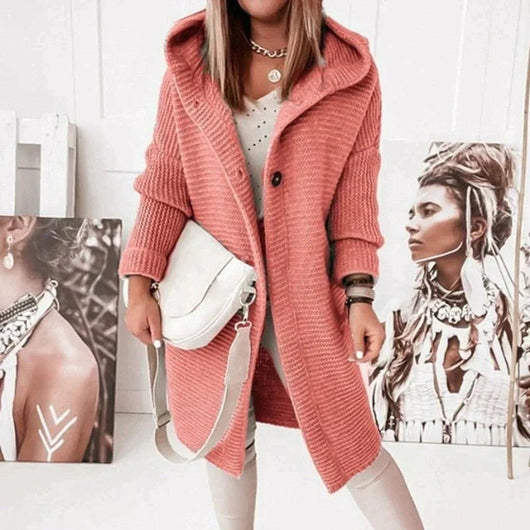 Lena | Strickjacke Damen Lang Warm Kapuze Knopfleiste Oversized