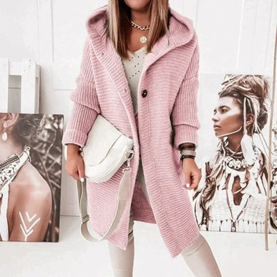 Lena | Strickjacke Damen Lang Warm Kapuze Knopfleiste Oversized