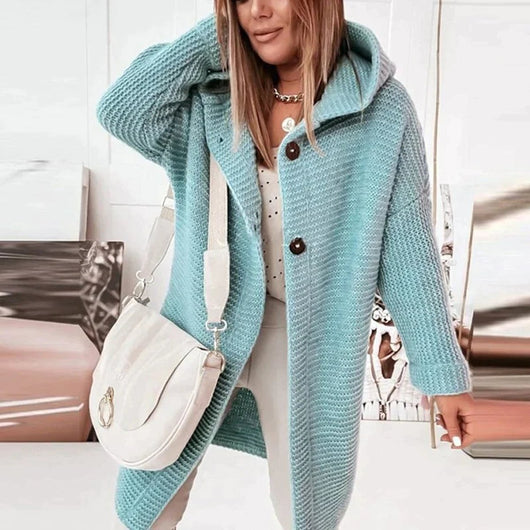 Lena | Strickjacke Damen Lang Warm Kapuze Knopfleiste Oversized