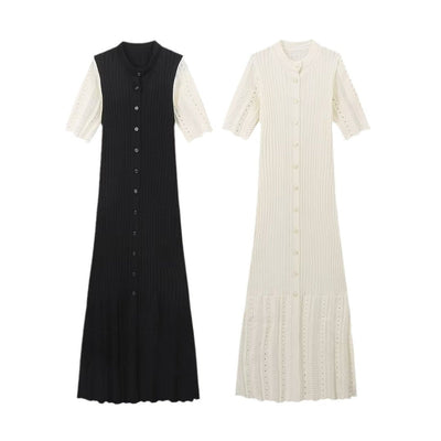 Leonie | Strickkleid Damen Maxi Langarm V-Ausschnitt Rippenstrick