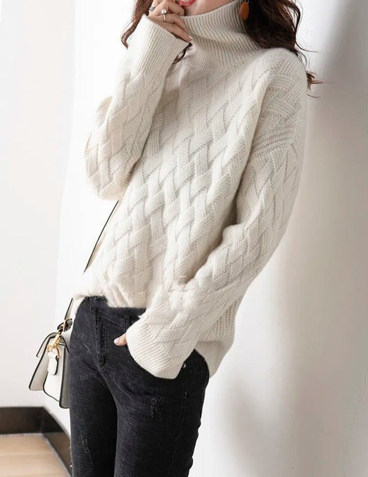 Charlotte | Strickpullover Damen Rollkragen Zopfmuster Kashmirweicher Oversized Pullover