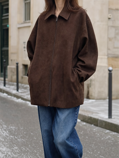 Thurlow Suede-Touch Zip Jacket in coffee brown worn with jeans, front view