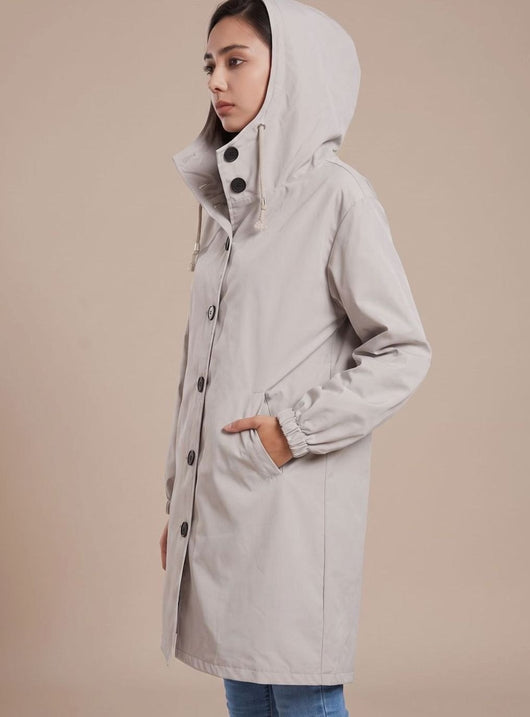 Greta | Wasserabweisender Trenchcoat Damen Kapuze Langer Outdoor-Mantel