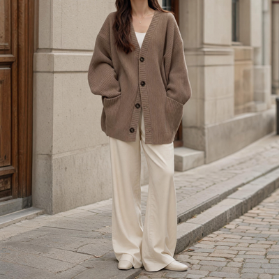 Wexford chunky knit cardigan, front view on model