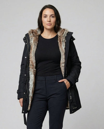 Charlotte | Wintermantel Damen Langer Gefütterter Parka mit Kunstfell-Kapuze
