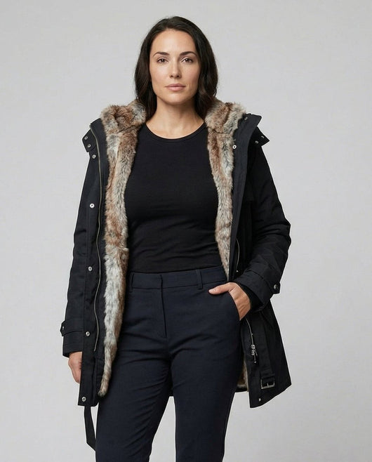 Charlotte | Wintermantel Damen Langer Gefütterter Parka mit Kunstfell-Kapuze