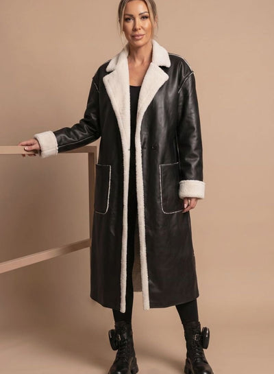 Clara | Wintermantel Damen Langer Kunstleder Fleece-Mantel