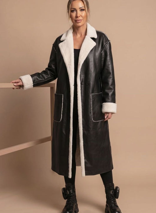 Clara | Wintermantel Damen Langer Kunstleder Fleece-Mantel