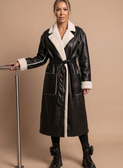 Clara | Wintermantel Damen Langer Kunstleder Fleece-Mantel