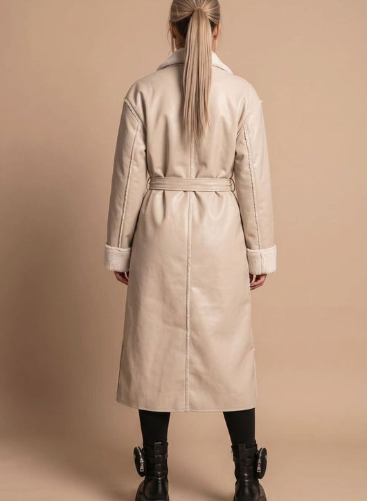 Clara | Wintermantel Damen Langer Kunstleder Fleece-Mantel