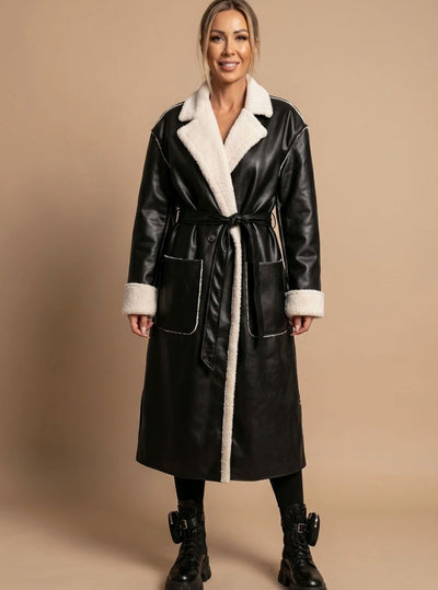 Clara | Wintermantel Damen Langer Kunstleder Fleece-Mantel