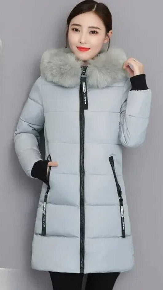 Clara | Wintermantel Damen Langer Parka Pelzkragen Kapuze Wattiert