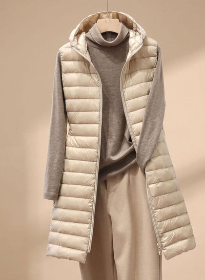 Emilia | Wintermantel Damen Langer Ärmelloser Stepp-Parka mit Kapuze