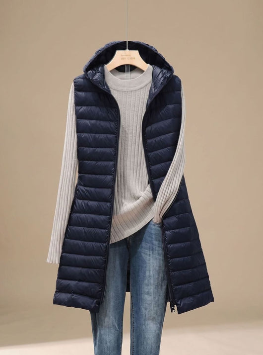 Emilia | Wintermantel Damen Langer Ärmelloser Stepp-Parka mit Kapuze