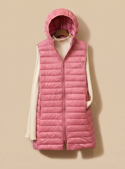Emilia | Wintermantel Damen Langer Ärmelloser Stepp-Parka mit Kapuze