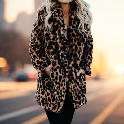 Annika | Wintermantel Damen Leopardenmuster Plüsch Kunstpelz Jacke