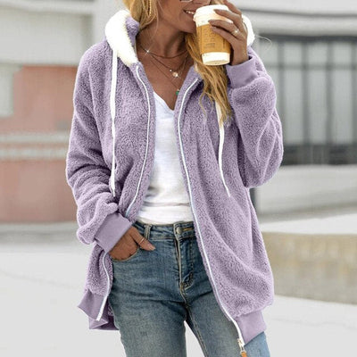 Marlene | Wollmantel Damen Flauschiger Fleece Kapuzenmantel Reißverschluss