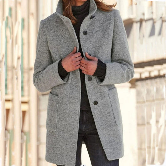 Marlene | Wollmantel Damen Klassischer Wintermantel mit Stehkragen Knopfleiste