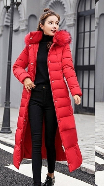 Nora | Wollmantel Damen Langer Gesteppter Wintermantel mit Fellkapuze