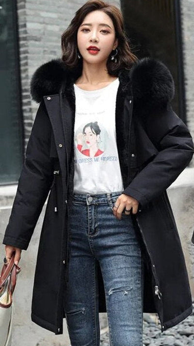 Nora | Wollmantel Damen Langer Parka Kapuze Kunstpelzkragen Wintermantel