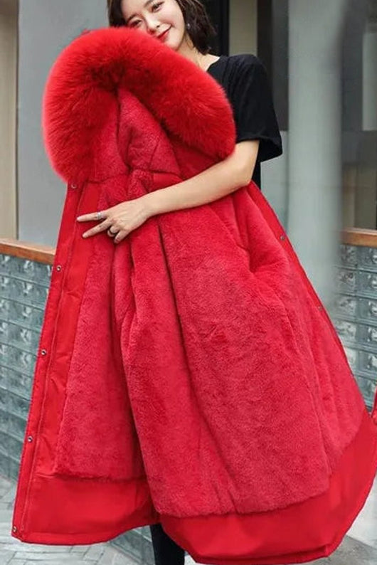 Nora | Wollmantel Damen Langer Parka Kapuze Kunstpelzkragen Wintermantel