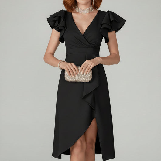 Florence | Elegantes Damen-Wickelkleid mit V-Ausschnitt und Rüschenärmeln