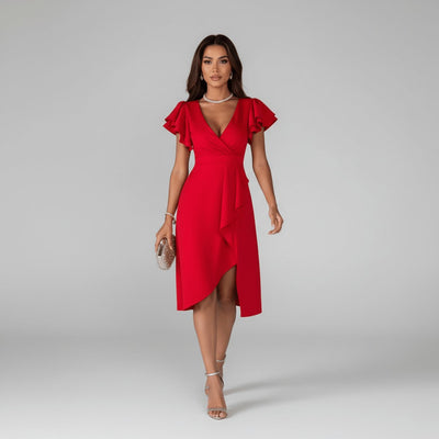 Florence | Elegantes Damen-Wickelkleid mit V-Ausschnitt und Rüschenärmeln