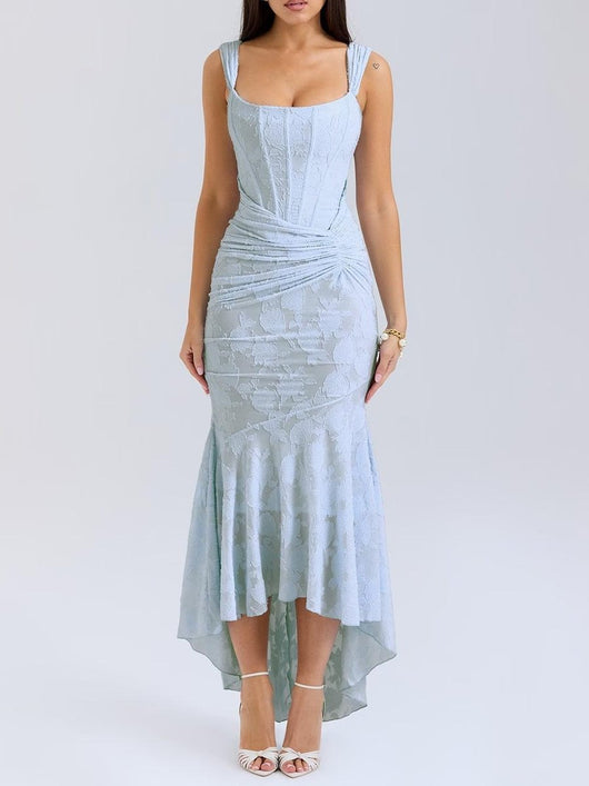 Rosie | Damen-Jacquardkleid mit Spitzenkorsett, Raffungen und Meerjungfrausaum