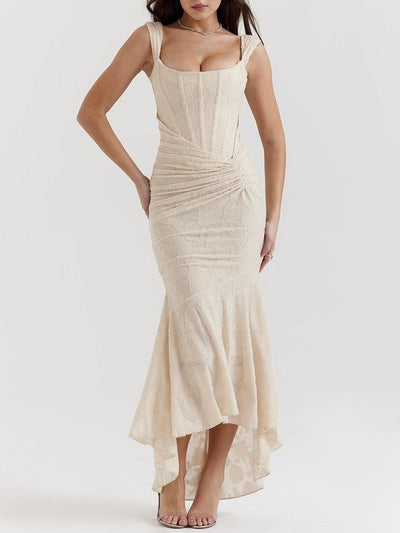 Rosie | Damen-Jacquardkleid mit Spitzenkorsett, Raffungen und Meerjungfrausaum